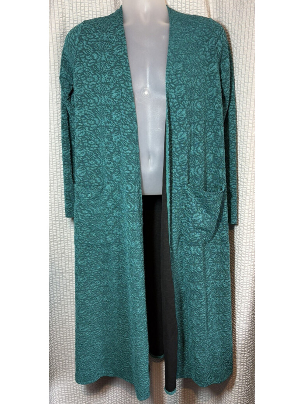 LuLaRoe Sarah Teal Ribbed Knit Duster Cardigan Open Front Pockets Women Size Sm